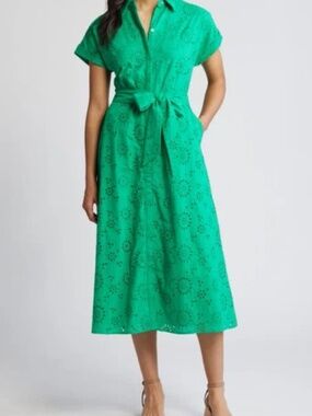 Caslon Kelly Green Cotton Eyelet Embroidered Shirtdress Size Small